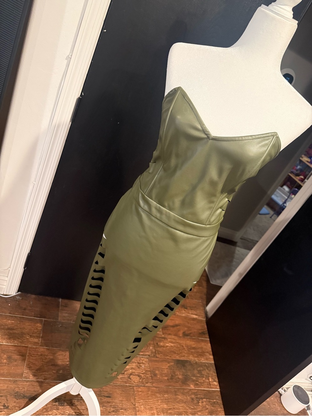 Fashion Nova Olive Green Strapless Faux Leather Midi Dress